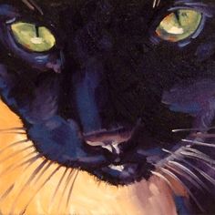 a painting of a black cat with green eyes