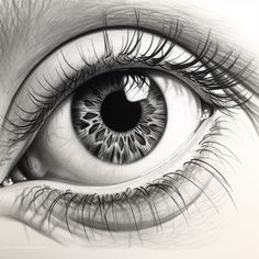 a drawing of an eye with long lashes and large, black - and - white iris