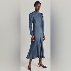 Ghost London Harper Satin Midi Dress Dark Blue Size Small Blue Formal Dress For Fall, Formal Blue Dress For Fall, Blue Silk Dress For Spring Formal, Elegant Blue Dress For Fall, Chic Blue Silk Dress For Spring, Elegant Blue Long Sleeve Midi Dress, Formal Blue Long Sleeve Midi Dress, Elegant Light Blue Fall Dress, Elegant Light Blue Midi Dress