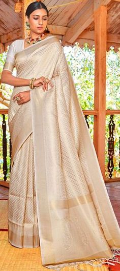 White and Off White color Saree in Handloom fabric with Weaving, Zari work Off White Saree, Banarsi Saree, South Indian Sarees, Handloom Fabric, Kanjivaram Silk Saree, White Saree, Utsav Fashion, Art Silk Sarees, Kanjivaram Sarees