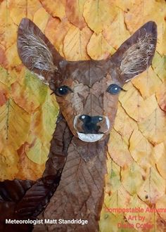 a close up of a painting of a deer with leaves on the ground behind it