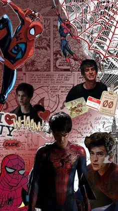 the amazing spider - man collage is featured in this image with many other characters