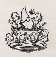 a drawing of a gnome in a teacup