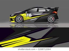 the side and back view of a racing car with yellow stripes on black, white and gray background