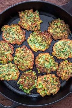 broccoli patties in a cast iron skillet