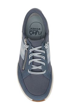 Whether you zip it on or slip it on, this walking sneaker, defined by court shoe styling, will be an instant favorite on or off the court. The polished yet casual sneaker is designed for a woman's unique foot shape, muscle movement and build with a narrower heel, roomier toe and softer foot cushioning. The grippy and responsive rubber outsole is lab-tested by Heeluxe and promotes stability and traction for lateral movement. The anatomical insole is designed to comfortably support your arch and h Sporty Sneakers With Zipper Closure For Streetwear, Sporty High-top Sneakers With Zipper, Sporty High-top Sneakers With Zipper Closure, Casual Blue Slip-on Sneakers With Arch Support, Low-top Synthetic Sneakers With Zipper Closure, Functional Blue Running Shoes With Moisture-wicking, Shoe Styling, Blue Moisture-wicking Running Sneakers, Blue Slip-on Running Sneakers With Cushioned Footbed