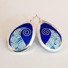 Cobalt Blue Wave Earrings –Cloisonné & Champlevé Enamels on Fine Silver w/ Sterling Ear Wires Unique Blue Drop-shape Jewelry, Unique Blue Drop Jewelry, Silver Teardrop Earrings With Artistic Design, Sterling Silver Teardrop Jewelry With Artistic Design, Artisan Blue Drop Earrings, Artisan Blue Earrings, Artistic Blue Sterling Silver Earrings, Artisan Blue Nickel-free Earrings, Handmade Blue Teardrop Jewelry