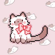 a pixelated cat with a bow on it's tail and hearts around its neck