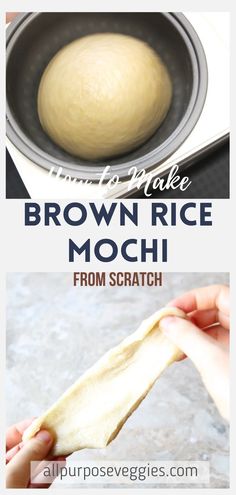 an image of brown rice mochi from scratch in a pan with text overlay