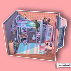 an image of a doll house that is in the middle of a playroom with furniture and accessories