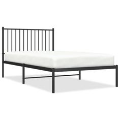 a bed with black metal frame and white mattress on the bottom side, against a white background