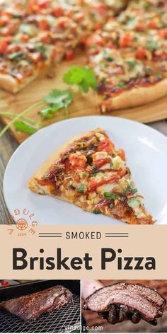 the cover of smoked brisket pizza is shown with different toppings and meat on it