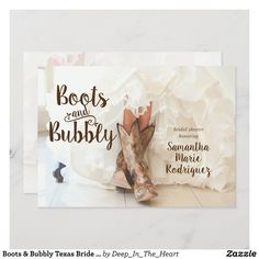 the boots and bubbly wedding announcement card is shown on a white background with brown lettering