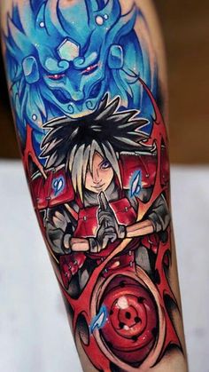 a person with a tattoo on their arm and some artwork on the leg, all in different colors