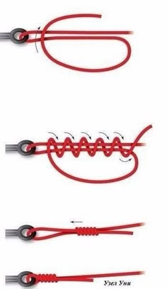 three different types of fishing hooks with red stringing on each end and two black hooks in the middle