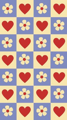 hearts and flowers are arranged on a checkerboard pattern with red, white, and blue squares