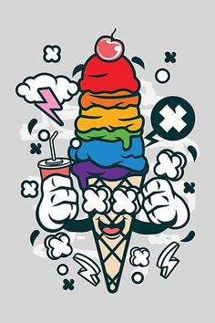 an ice cream sundae with rainbows, clouds and lightning on the grey background