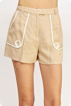 Details Taupe linen short with braid embroidery Front zipper closure Hook and eye closure Pockets Wash and care 70% Viscose, 30% Linen Hand wash cold, hang to dry Braid Embroidery, College Sorority, Elastic Shorts, Beach Shop, Linen Short, Matching Top, Trim Detail, Skorts, Turks And Caicos Islands