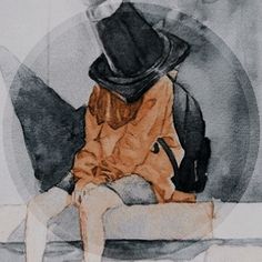 a drawing of a person sitting on a chair with a hat and coat over their head