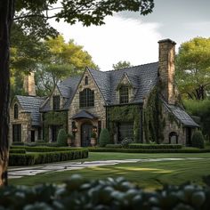 a large house surrounded by lush green trees and bushes in front of it is shown