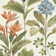 an image of flowers and leaves on a white wallpaper background that looks like it has been painted