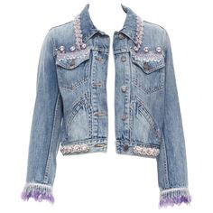 MARC JACOBS crystal rhinestone bead embellished washed denim jacket M Reference: CELG/A00170 Brand: Marc Jacobs Material: Denim Color: Blue Pattern: Solid Closure: Button Extra Detail: Crystal and bead embellishment throughout. Washed denim. Made in: China CONDITION: Condition: Excellent, this item was pre-owned and is in excellent condition. SIZING: Designer Size: International M Size Reference: US4-6 / UK10 / IT42 / FR38 / S-M MEASUREMENTS: Shoulder to Shoulder: 39 cm / 15.35 '' Chest: 92 cm / Embellished Jacket Diy, Denim Embellishment, Clothing Makeovers, Embellished Jean Jacket, Customised Clothes, Bling Denim, Bedazzled Jeans