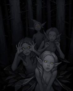 three women in the woods with yellow eyes and dark hair, one is holding her hands up