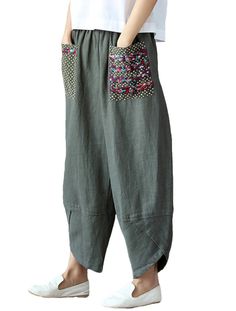 PRICES MAY VARY. FEATURES: This summer cotton linen pants for women is designed with Elastic Waist, Wide Leg, vintage Patchwork Pockets, fashion Irregular Pants Cuff, stylish solid casual style MATERIAL: Women's harm pants is made of soft cotton linen material. Cotton linen clothing is a lightweight, breathable and comfortable fabric, suit for hot summer days COLLECTION: Ladies boho palazzo pants loose casual trousers plus size is suitable for colorful linen t-shirt/tunic/tops, stylish leather s Wide Leg Trousers Casual, Cropped Linen Trousers, Trousers Casual, Cotton Linen Pants, Stylish Pants, Maxi Robes, Wide Leg Linen Pants, Pantalon Large, Casual Trousers