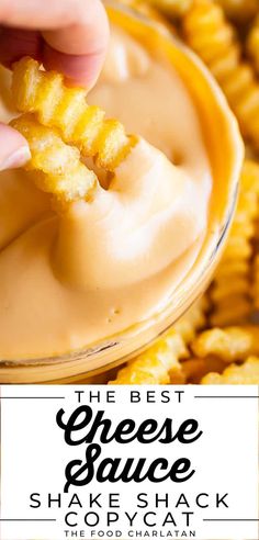 a person dipping cheese into a bowl of cheesy crackers with dip in the background