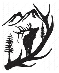 the silhouette of a deer with trees and mountains in the background