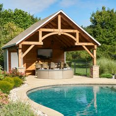 an outdoor kitchen next to a swimming pool