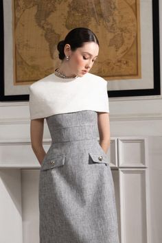 Gianna A-line Strappy Tweed Midi Dress MEAN BLVD Tweed Midi Dress, Simple Midi Dress, Corporate Women, Mean Blvd, Designer Midi Dresses, Taffeta Dress, Grey Background, Dress Design, Womens Midi Dresses