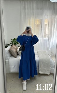 Blue Dress Outfit Hijab, Hijabi Dresses Casual, Elegant Silk Dresses, Hijab Fashion Summer, Estilo Hijab, Modesty Outfits, Red Summer Dresses