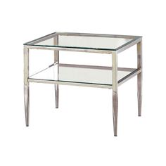 a glass and metal end table with one shelf on the bottom, two shelves below