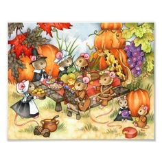 a painting of mice on a table surrounded by pumpkins and gourds