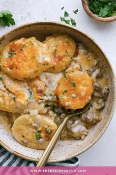 a bowl filled with chicken and dumplings covered in gravy