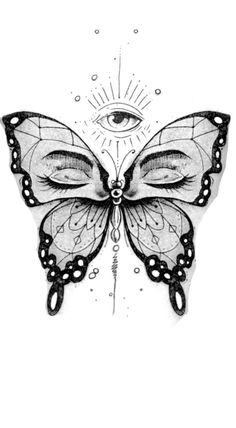 a black and white drawing of a butterfly with an all seeing eye on it's wing