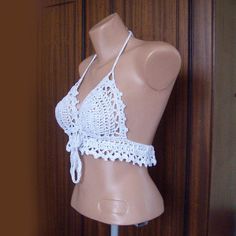 Sexy crocheted lightgrey halter /bikini top open by KnittedSmiles, $35.00