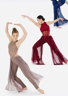 three women in different colored outfits are doing various dance moves and posing for the camera