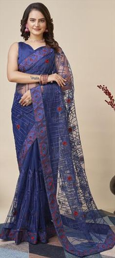 Blue color Saree in Net fabric with Embroidered, Resham, Thread work Designer Blue Unstitched Saree, Blue Pre-draped Saree With Chikankari Embroidery, Blue Net Saree, Blue Unstitched Saree With Sheer Dupatta, Navy Blue Net Saree, Reception Saree, Net Fabric, Thread Work, Blouse Length