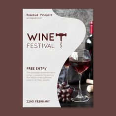 a wine festival flyer with a glass of red wine and grapes on the table next to it