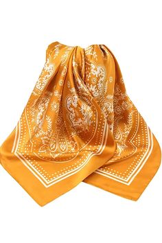 These satin scarves can elevate your style in so many different ways! Wear as a headscarf, tie around your handbag, your belt looks or tie around your western boots! 27.56" x 27.56" Cheap Casual Bandana Print Scarves, Luxury Yellow Scarf For Summer, Cheap Casual Bandana Scarf, Luxury Yellow Silk Scarf For Summer, Luxury Yellow Silk Scarf For Spring, Cheap Bohemian Silk Scarf, Luxury Yellow Silk Scarf, Silk Scarf Hair, Silk Square Scarf