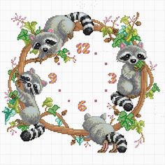 a cross stitch pattern with two raccoons in a circle