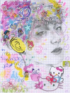 a drawing of a girl with many stickers all over her face and head,