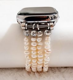 This elegant hand made Apple watch band is suitable for any time and most people. Great choice for lover, family and friends on New Year, Valentine's Day, Mother's Day, Father's Day, Anniversary, Birthday, Christmas, Thanksgiving or daily life. Made from real natural stones these stunning bands are compatible with all generations of Apple Watches.  Apple Watch Band, freshwater pearls Apple Watch strap woman, freshwater pearls custom Watch Bands ■ This watch band is handcrafted. This watch band i White Beaded Apple Watch Band For Gift, White Beaded Apple Watch Band Gift, White Beaded Apple Watch Band As Gift, Elegant Beaded Apple Watch Band As Gift, Handmade White Watch Bands For Gift, Handmade White Watch Bands As Gift, Handmade Silver Watch Accessories Gift, Watches Apple, Bracelet Apple Watch