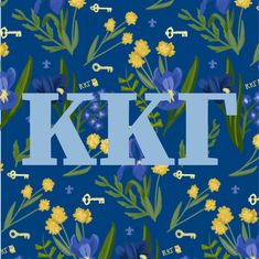 the letter kti surrounded by flowers and keys on a blue background with yellow and purple flowers