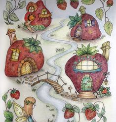 a drawing of some houses with strawberries on the outside and strawberrys on the inside