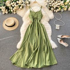 Simple satin A line dress fashion dress party dress sold by Little Cute on Storenvy Getaway Dress, Tea Party Dress, Preppy Dresses, Green Dresses, Statement Dress, Halter Maxi Dresses, Vacation Dresses, Dress Backs, Satin Dresses