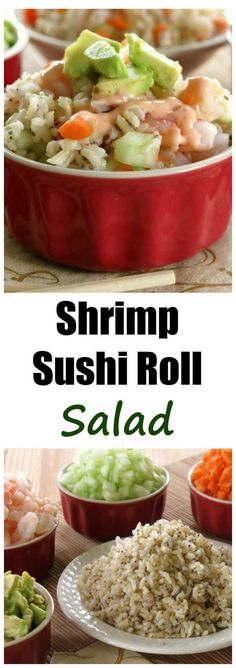 shrimp sushi roll salad in a red casserole dish