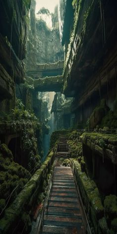 the stairs are covered with moss in this dark cave like area that is surrounded by rock formations